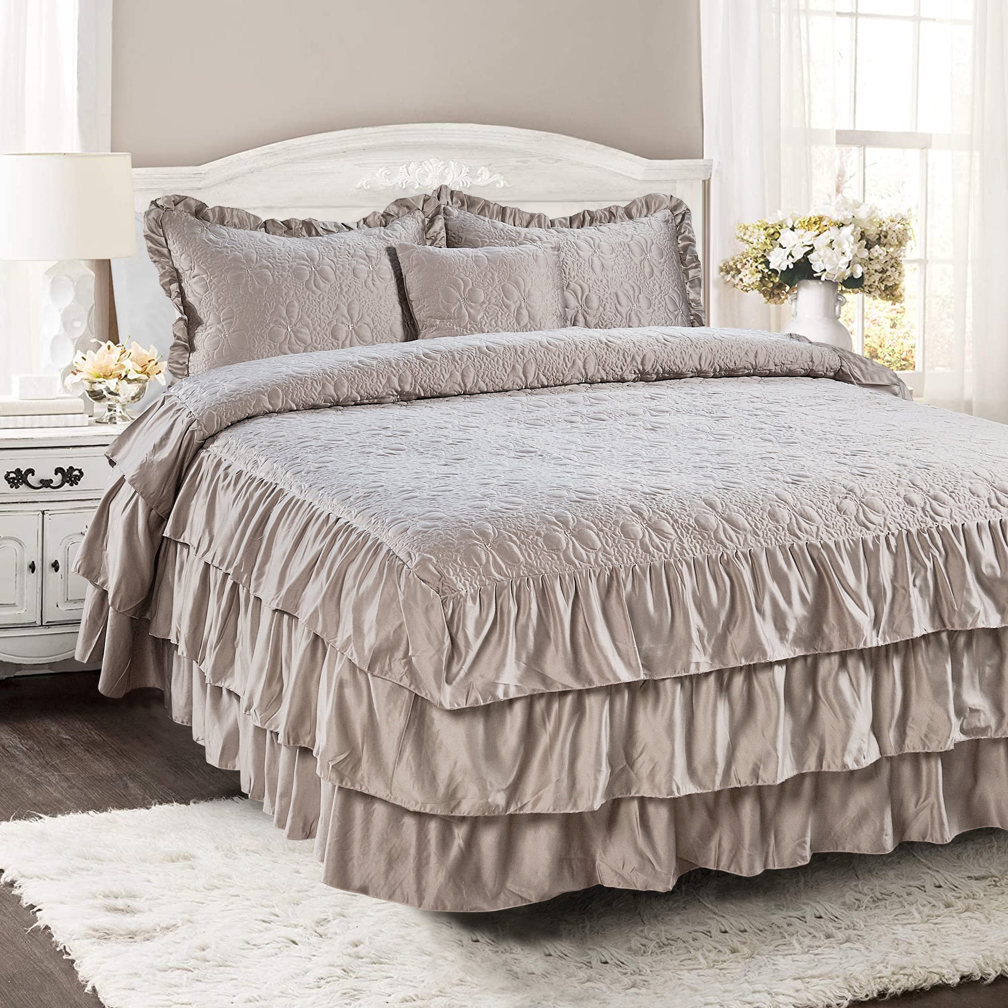 Home Soft Things 4 Piece Ruffle Matte Satin Bedspread Set Taupe