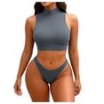 thumbnail image 2 of Trajes de baño para mujer, Trajes de baño para mujer, Traje de baño bikini de tirantes sin espalda de color liso para mujer, Conjunto de bikini con bloques de color y hombros descubiertos, Traje de ba, 2 of 7
