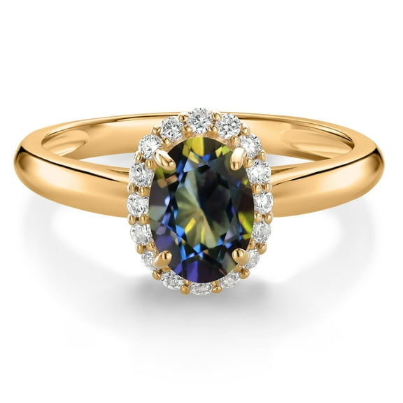 Gem Stone King 10K Yellow Gold Blue Mystic Topaz and White Lab Grown Diamond Halo Engagement Ring for Women (1.08 Cttw, Gemstone, Oval 7X5MM, Size 5)
