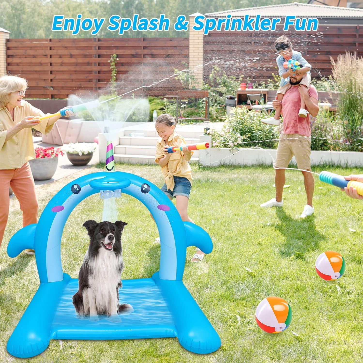 Sprinkler for Kids Outdoor Play - Giant Inflatable Shark Water Toys Splash Pad with Basketball Hoop and Tossing Game, Summer Outdoor Game for 3-8 Year Old, Water Fun Sprinkler for Kids