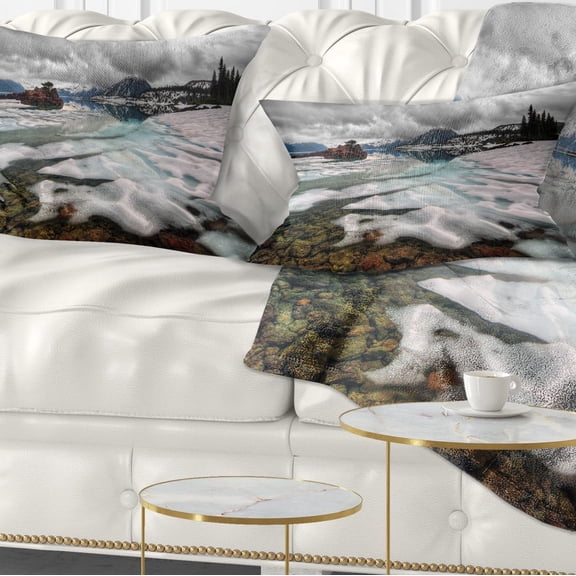 Designart Frozen Mountain Lake Shore - Landscape Printed Throw Pillow - 12x20