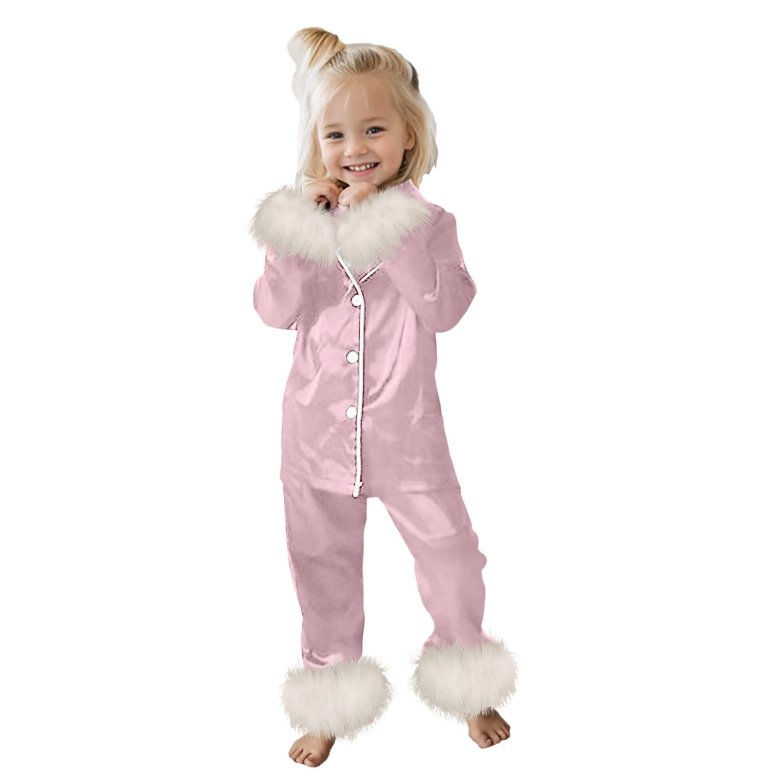 newwalpole Kids Toddler Girl Satin Pajamas Fuzzy Trim Long Sleeve Button Down Shirt Top and Pants 2pcs Pjs Sets Sleepwear Pink for Size 5-6 Years