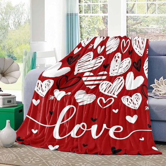 White Black Hearts On Red Fleece Throw Blanket For Couch Flannel Bed Blankets Valentine's Day Romantic Love Heart Fuzzy Warm Plush Throws Super Soft Cozy Blanket For Sofa Travel 40" x 50"