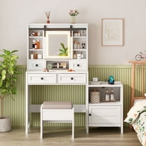 Biuhony Makeup Vanity Desk with Large Sliding Mirror Lights, Make up Vanity Dresser with Charging Station & Shelves