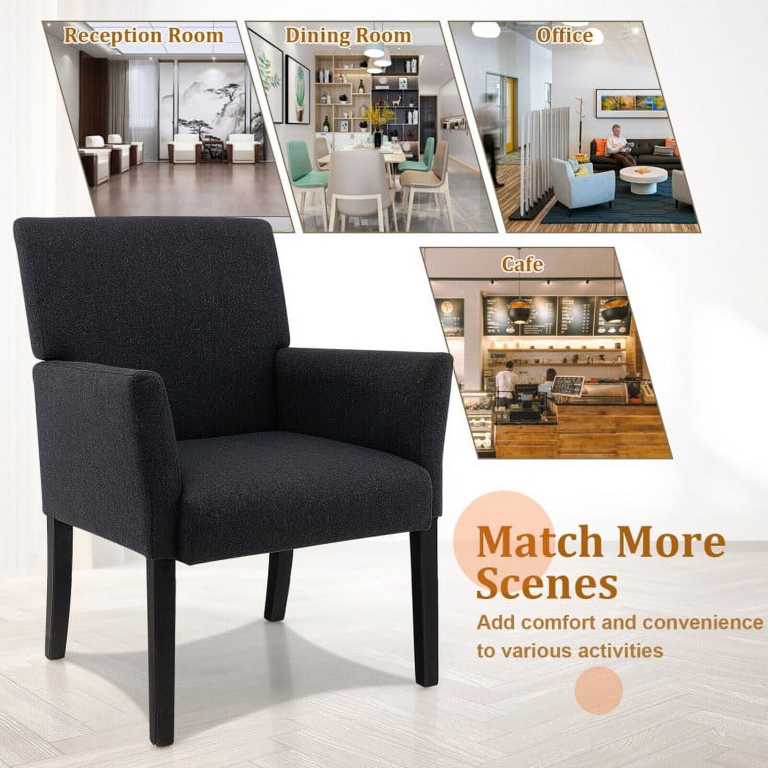 Finihen Upholstered Accent Armchair, Fabric Upholstered Executive Guest Armchair with Rubber Wood Legs, for Living Room, Bedroom, Reception Room, Black