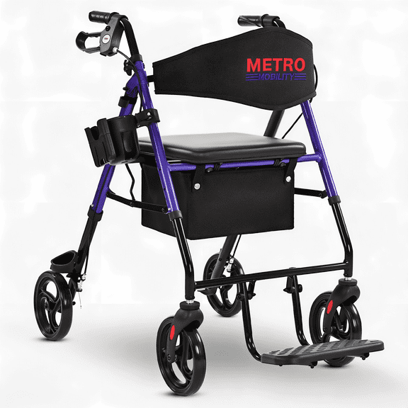 Foldable Rollator Walkers with Padded Seat for Seniors, 300 lb Capacity, Lightweight Rolling Walker with 8" PVC Wheels for All Terrain, Dark Purple
