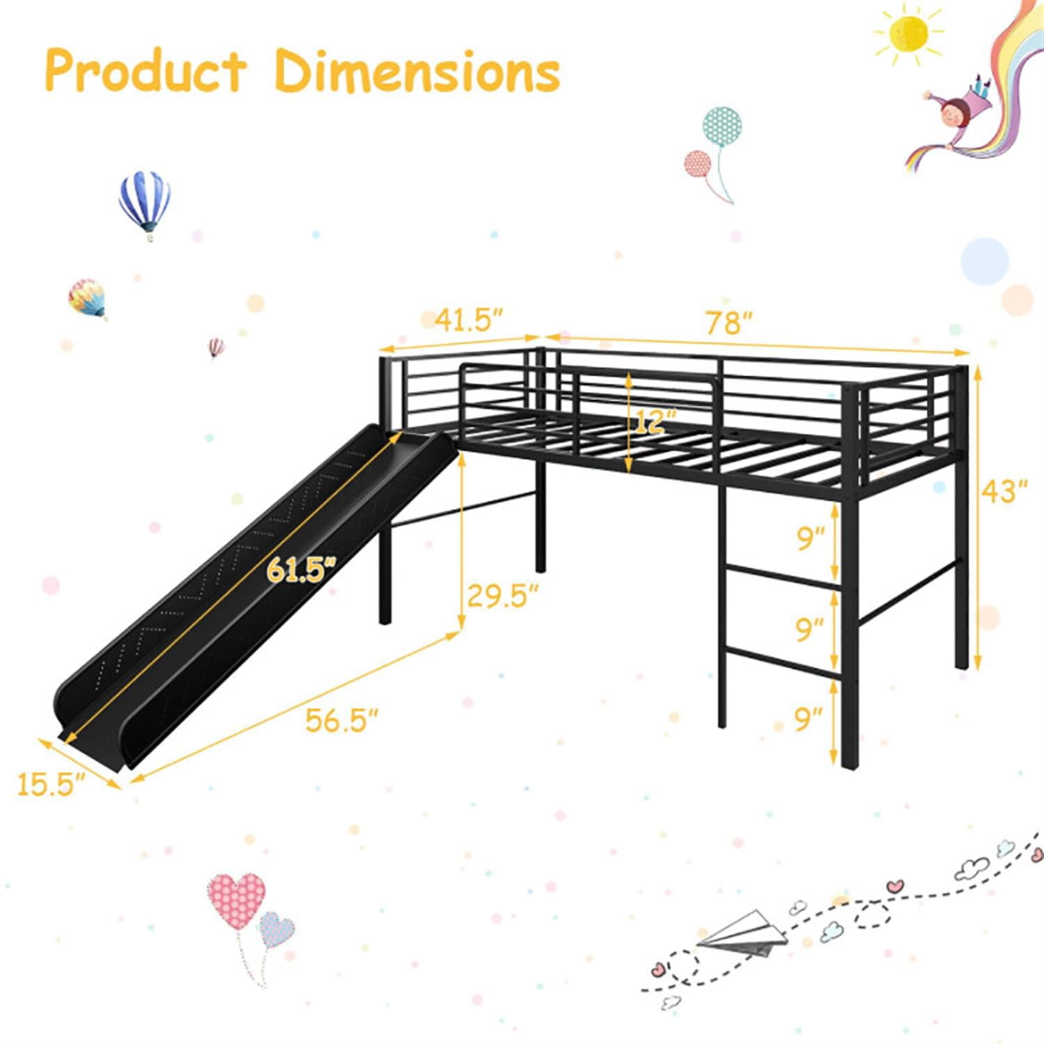 Demi Bonn Twin Metal Loft Bed with Slide Safety Guardrails and Built-in Ladder for Teens, Black