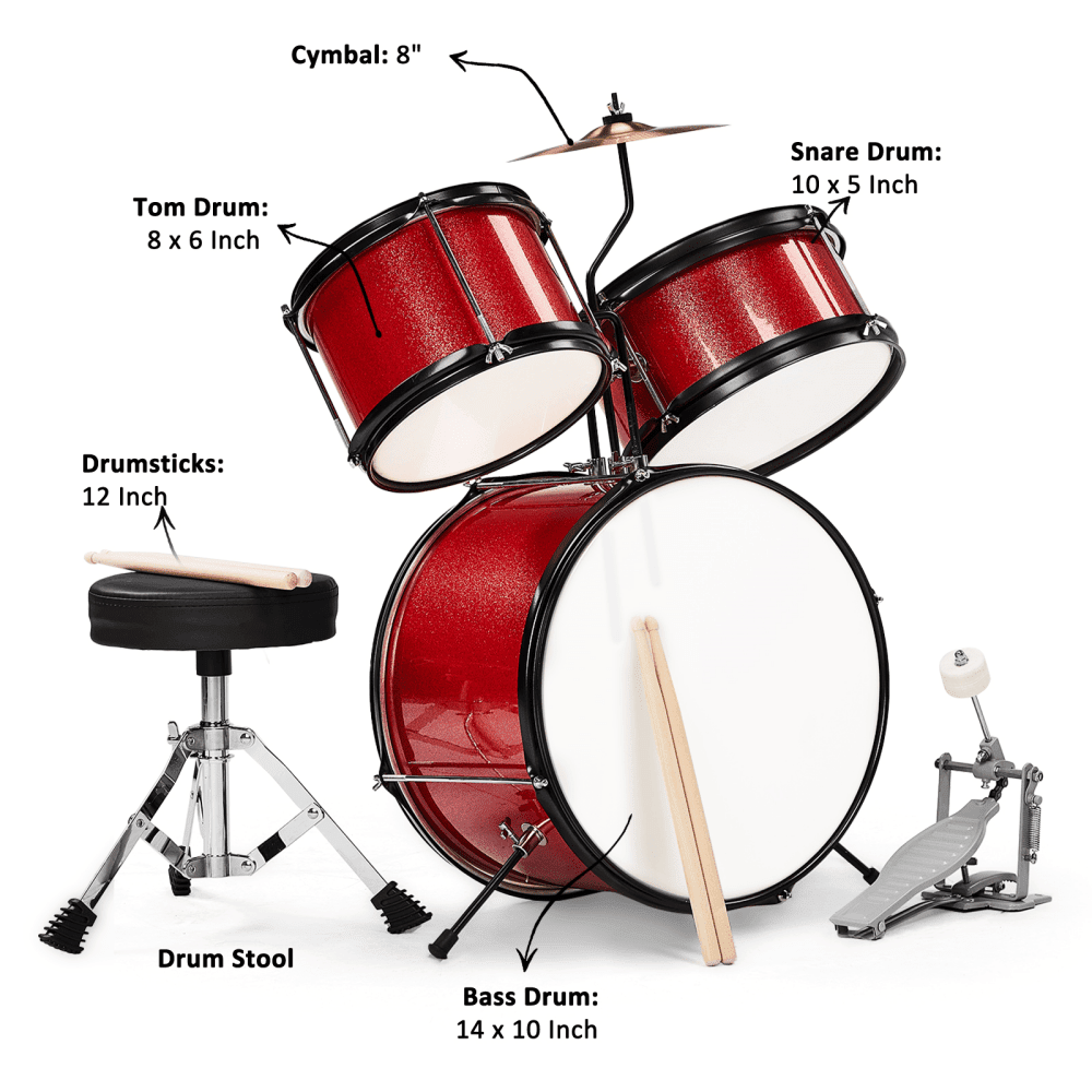 Tcbosik 3 Piece Junior Drum Set for Beginners with Bass Tom Snare Drum, 14 inch Drum Kit with Sticks, Cymbal and Pedal, Red