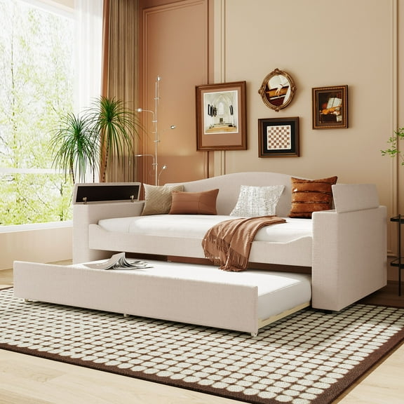 Bed Frame Twin Size Upholstered Daybed with Storage Armrests, Trundle and Latest Integrated Bluetooth Audio System, Fleece, Beige