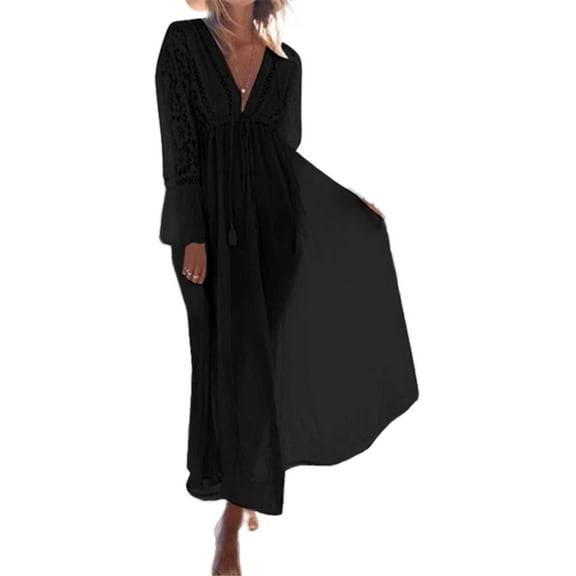 EDOLYNSA Women Beach Long Dress Swimwear Tunics Kaftan Beach Dress Beachwear Cover Ups Robe De Plage Saida De Praia