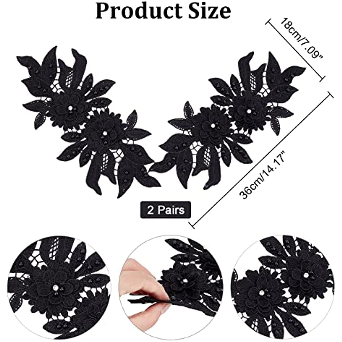 1 Pair 3D Lace Applique, Sew on Flower Bead Patches Embroidery Floral Motif  Beaded Rhinestones Lace Trim Fabric Pearl Appliques for Sewing Wedding  Bride Dress Veil Clothes Decoration (Black) : : Home