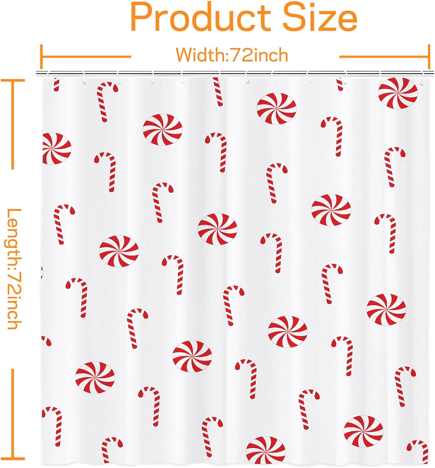 Christmas Shower Curtain Candy Cane Christmas Holiday Bathroom Shower Curtains for Bathtub Decoration with Hooks 72x72 Inch
