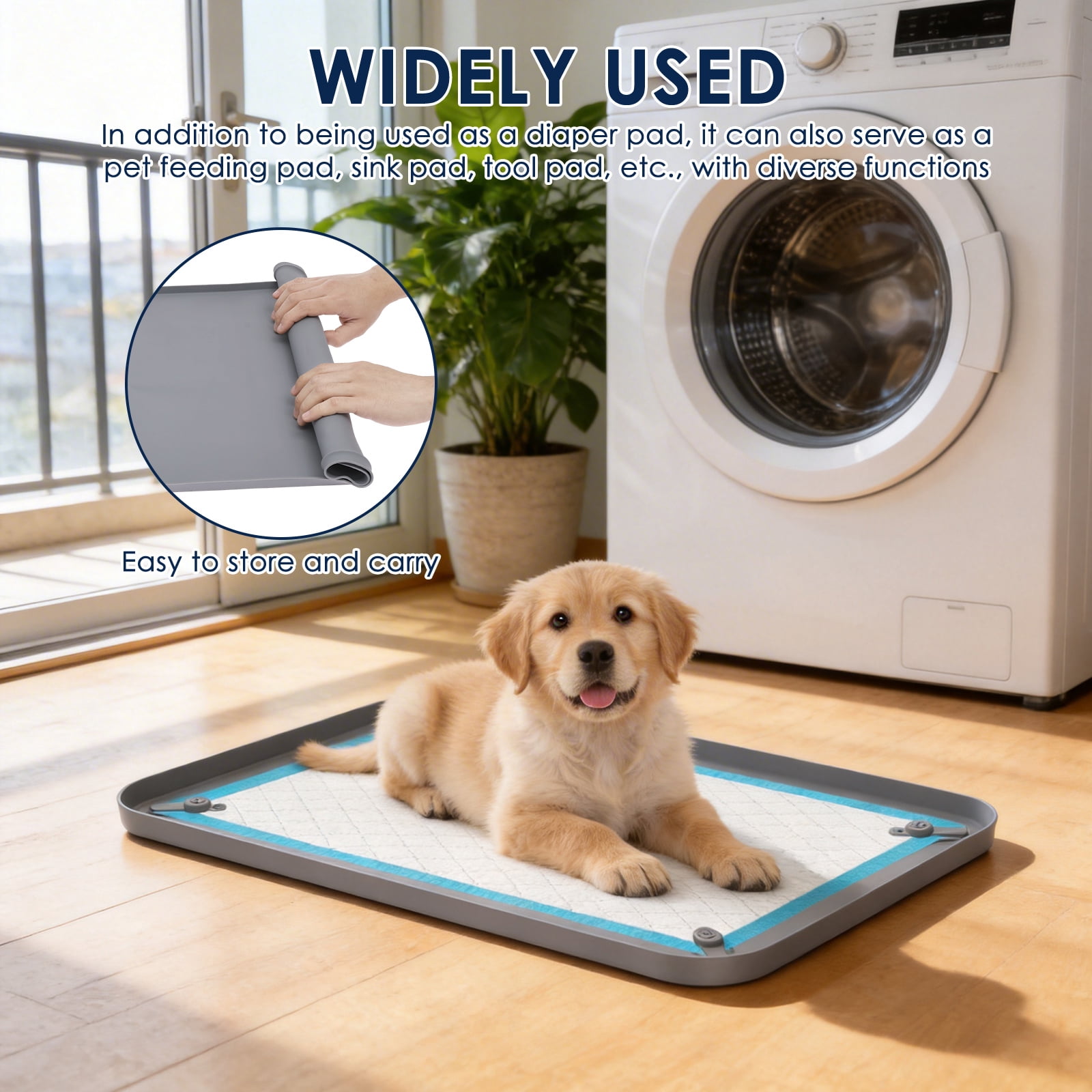 Pee Pad Tray Holder for Dogs - Fits Up to 24.41x16.54in. Square Potty Training Pads No Spill Raised Lip High Edge Silicone Mat, Extra Thick and Non-Slip for Indoor Floor Protection (S, Grey)