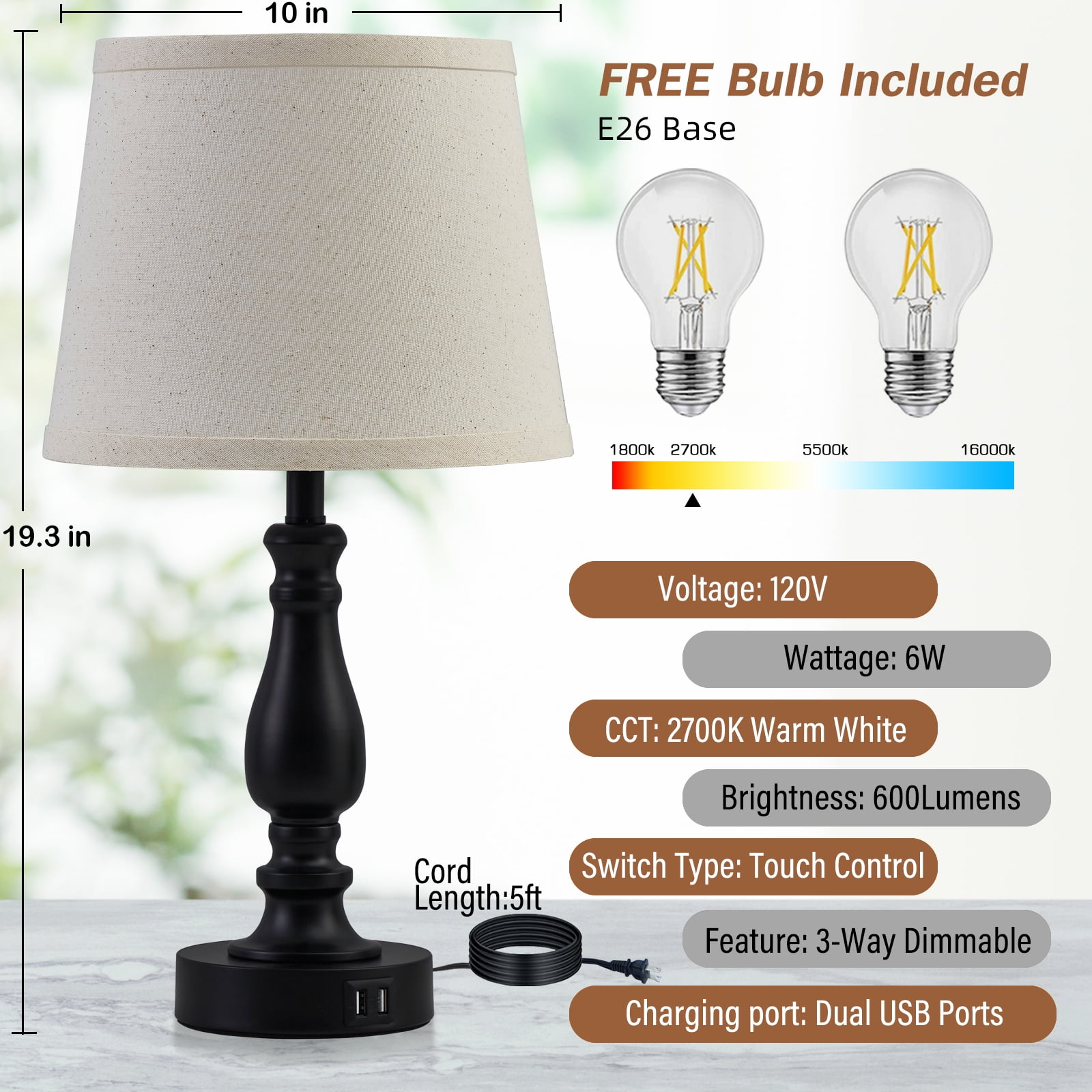 NATYSWAN Table Lamps Set of 2, Lamps for Bedroom with USB Charging Ports, 3 Way Dimmable Touch with Linen Lampshade, Modern Small Lamp for Nightstand, Living Room (Bulbs Included)