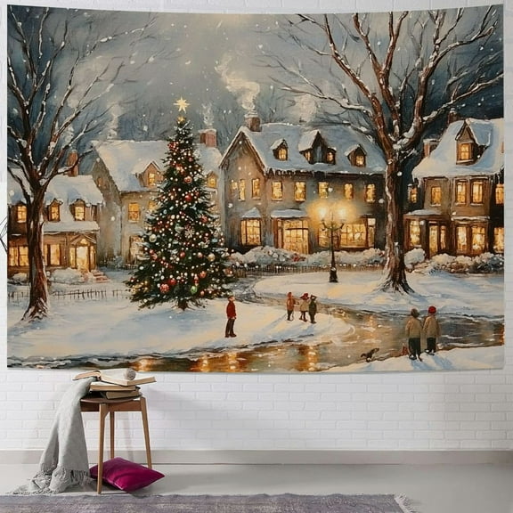 Pratyus Christmas Tree Snow Town Tapestry Wall Hanging Short Plush Fabric for Bedroom Dorm Decoration, Vivid Pattern Design, Multi-Functional Wall Decor, 4 Size Options 40x30inch