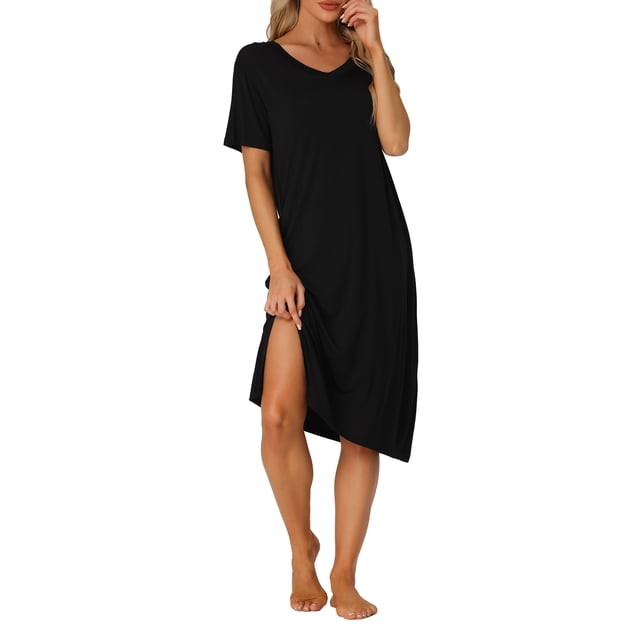 INSPIRE CHIC Robe T-shirt Décontractée à Manches Courtes pour Femme Chemise de Nuit Nuisette Basique Tenue de Nuit Robe-Chemise Midi S Noir