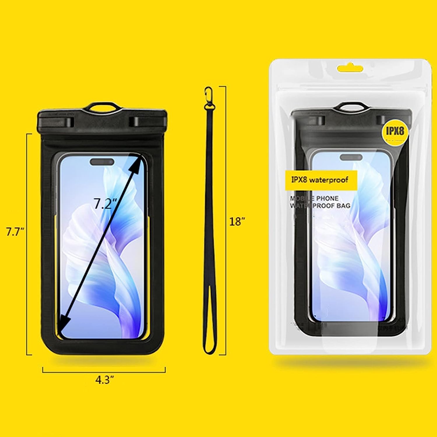 4 Pochettes étanches IPX8 Pour Téléphone – Jusqu’à 7,2 Pouces, Avec Lanière Et Airbag – Pour Plage, Piscine, Sports Nautiques
