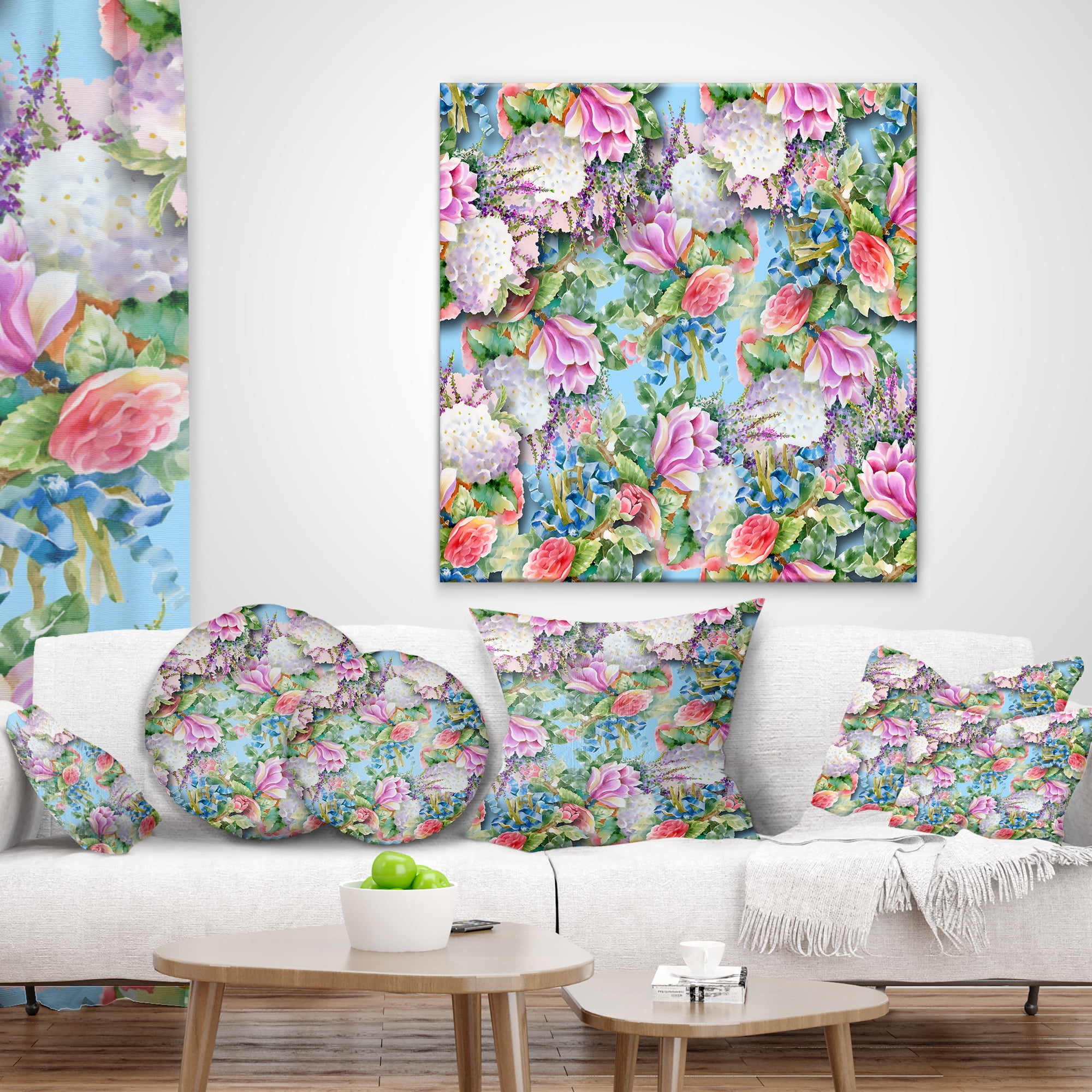 Designart Pink Flower Pattern on Blue - Floral Throw Pillow - 18x18