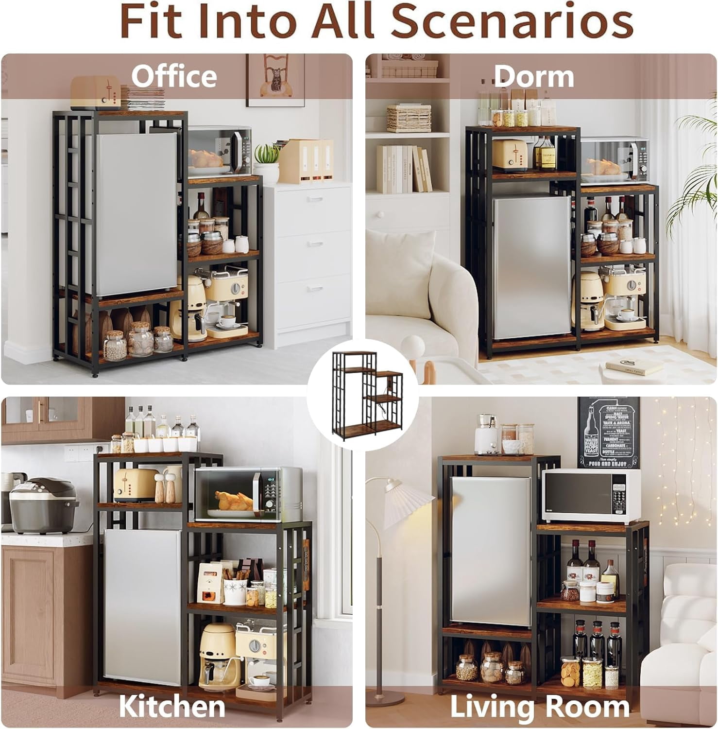6-Tier Adjustable Mini Fridge Stand with Storage Shelf, Heavy Duty Kitchen Rack with 3 Power Outlets & Air Switch, Microwave and Coffee Bar Organizer, 360lbs Capacity for Dorm, Apartment