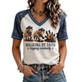 thumbnail image 2 of Womens Faith Short Sleeve Shirts Walking By Faith Tripping Constantly Highland Cow Print V Neck Shirts Christian Bible Verse Print Tee For Women, 2 of 4