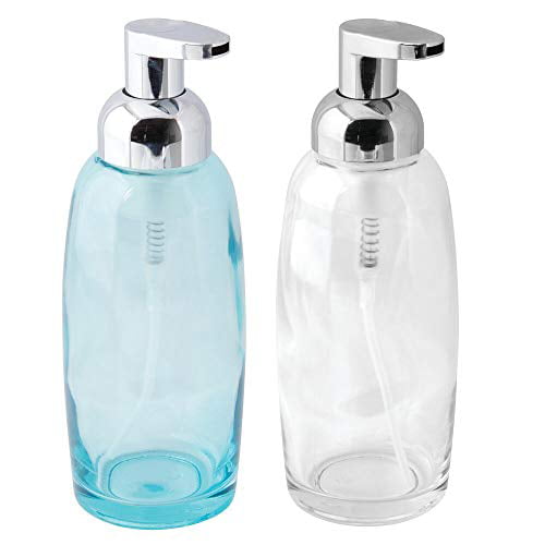 mDesign Foaming Glass Soap Dispenser Pumps for Bathroom Counter Vanity Aqua/Chrome Pack of 2
