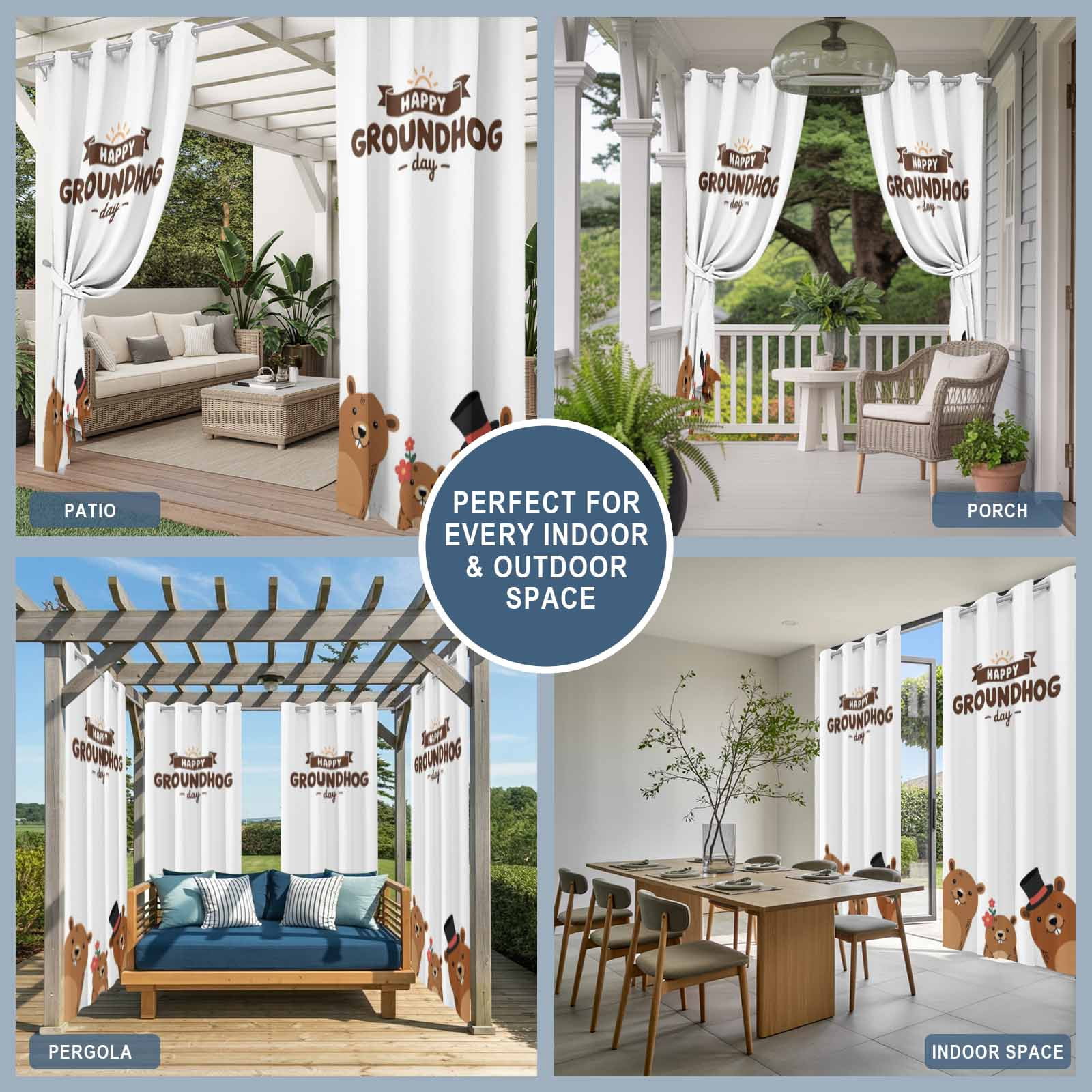 Outdoor Curtains for Patio Waterproof, Groundhog Day Outdoor Privacy Panels Grommet, Cartoon Funny Modern Farmhouse Country Cute Blackout Outside Curtains for Porch/Cabana 54"x108", 1 Panel