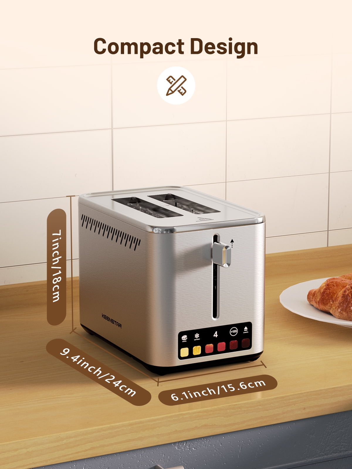 Smart 2 Slice Toaster with Touch Screen, Defrost Function, Wide 1.5" Slots for Bagels, Waffles, Muffins, and Gluten-Free Bread, Stainless Steel Toaster with Warming Rack, 850W