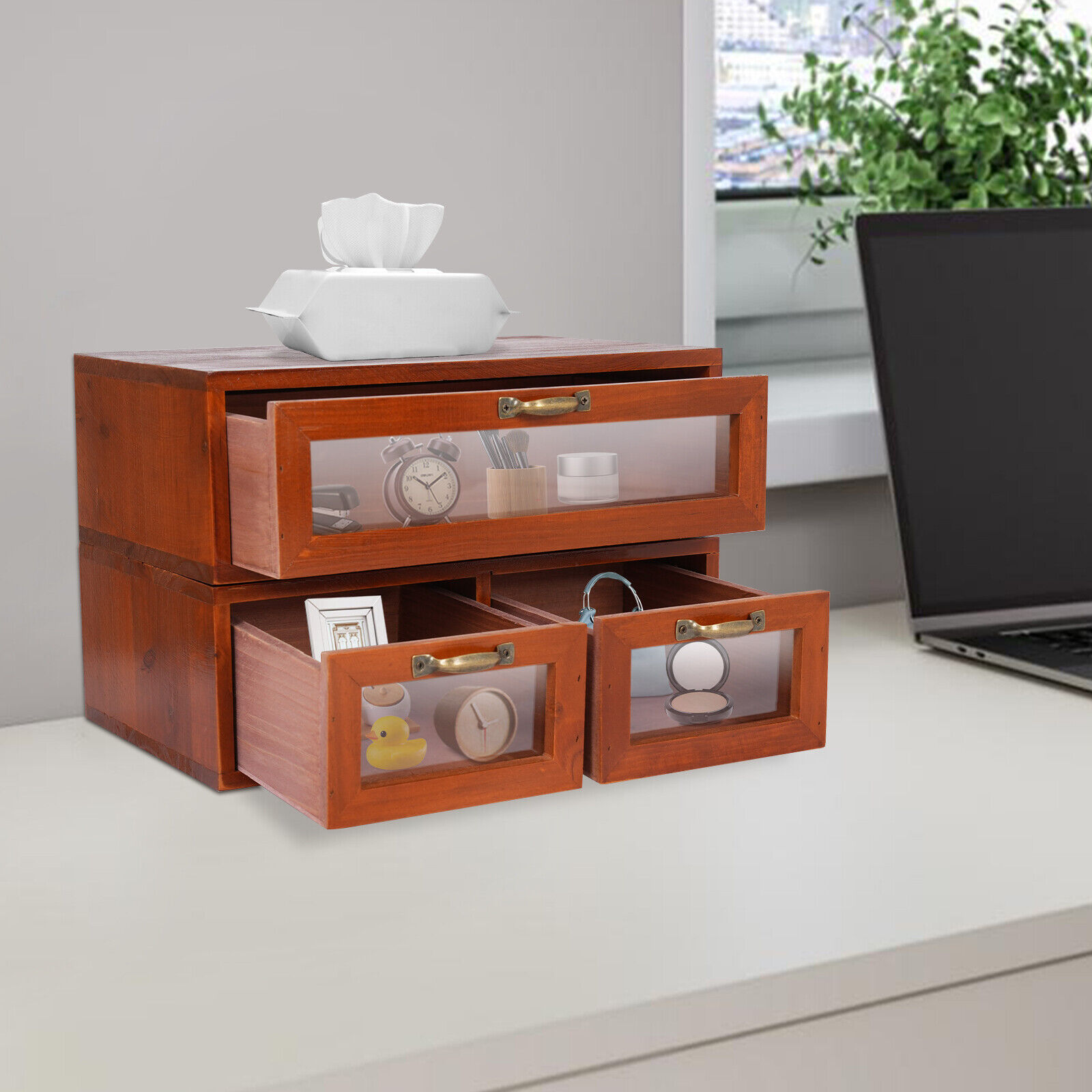 Desktop Storage Box (1+ 2 Drawers) Vintage Desk Organizer Tabletop Storage Organization Box with 3 Drawers for Office