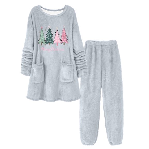 Fuzzy Pajamas for Women Christmas Long Sleeve Pullover Pants Set Womens Loungewear Set Winter Soft Pajama Set for Women