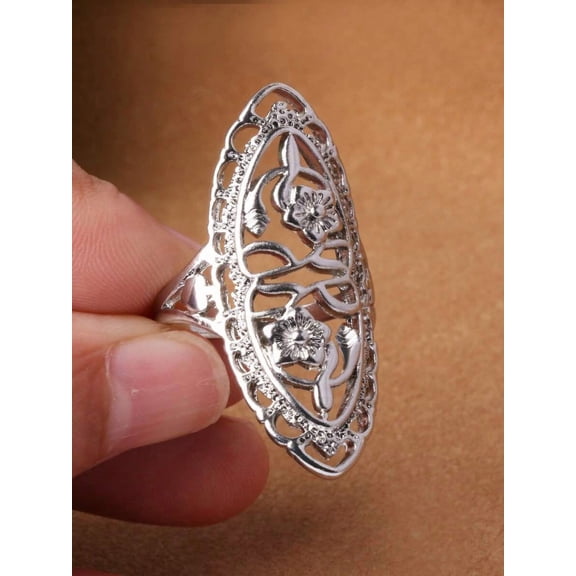 White K Vintage Hollow Carved Floral Filigree Long Statement Ring For Women