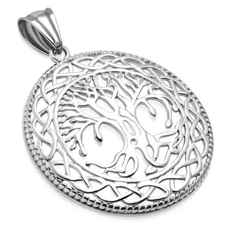 Stainless Steel Cut-Out Bodhi Tree of Life Celtic Knot Medallion Round Circle Pendant Necklace