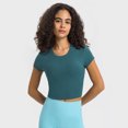 thumbnail image 4 of Women's Crew Neck Ribbed Crop Tops Short Sleeve Strong Stretch Yoga Shirts Summer Slim Gym Clothing for Street Girls, 4 of 6