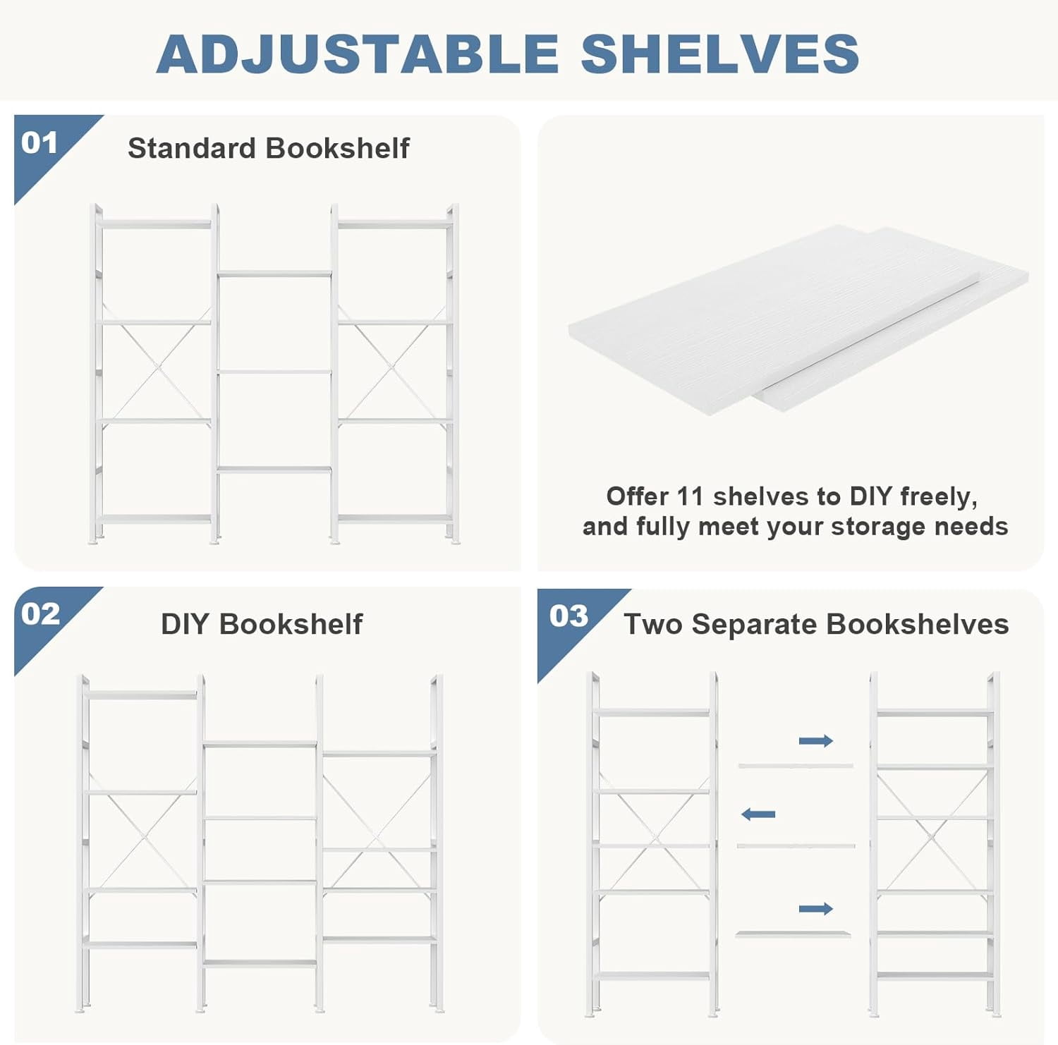 Atilioo Triple Bookshelf, 4-Tier Wide Bookcase with 11 Open Tall Display Shelves, Modern Industrial Book Shelves for Living Room Home Office, White
