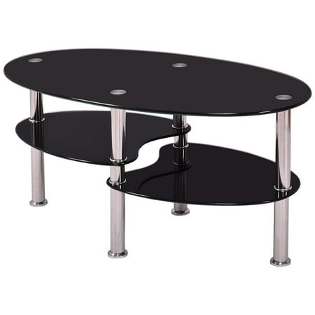 Flat Back Oval Glass - Tempered Glass Oval Side Coffee Table - Black