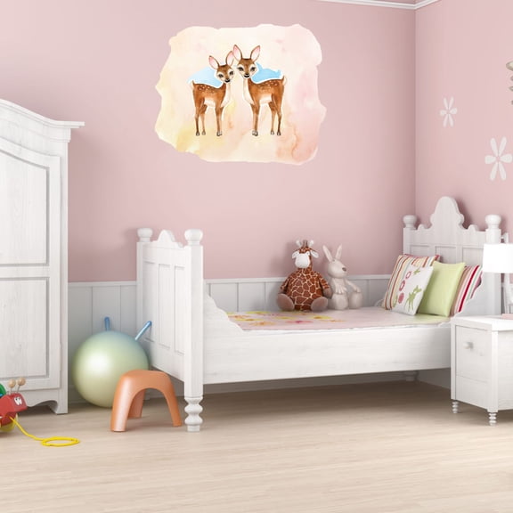 Watercolor Decal Living Room Wall Decal for Family Pink Background Watercolor Forest Animal Cute Themed Room Decal - Size: 30 In x 24 In