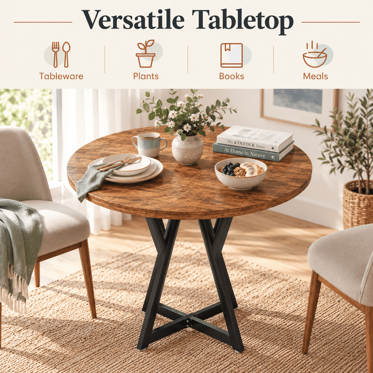Furnibear 36 Inch Round Dining Table with Sturdy Metal Pedestal Base, Rustic Wood Grain for Kitchen Dining Room Small Space, Antique