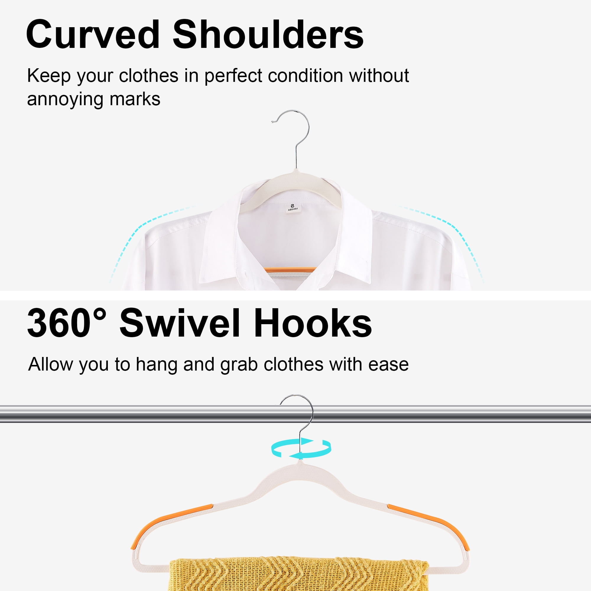 VECELO 25 Pack Heavy Duty Plastic Hangers, 360º Swivel Hook Coat Hangers, Non-Slip, Space-Saving, Orange