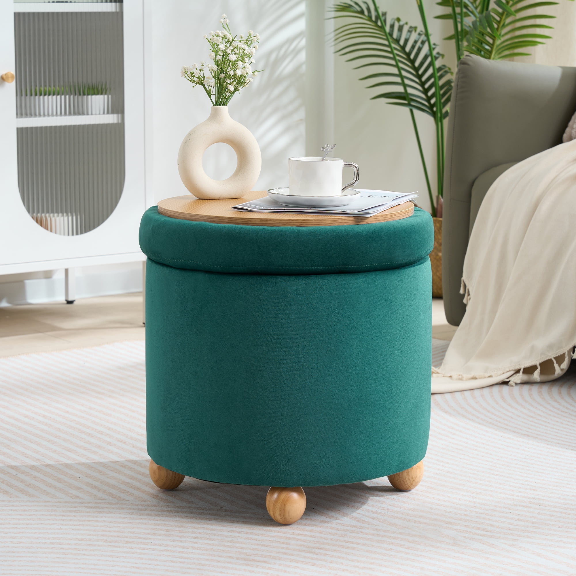 Round Velvet Storage Ottoman with Reversible Tray Lid, Tufted Upholstered Footrest Stool with Wooden Legs
