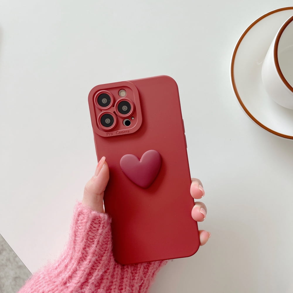 Compatible with iPhone 13 Case Square, Cute Shockproof Silicone Love Heart [Camera Lens