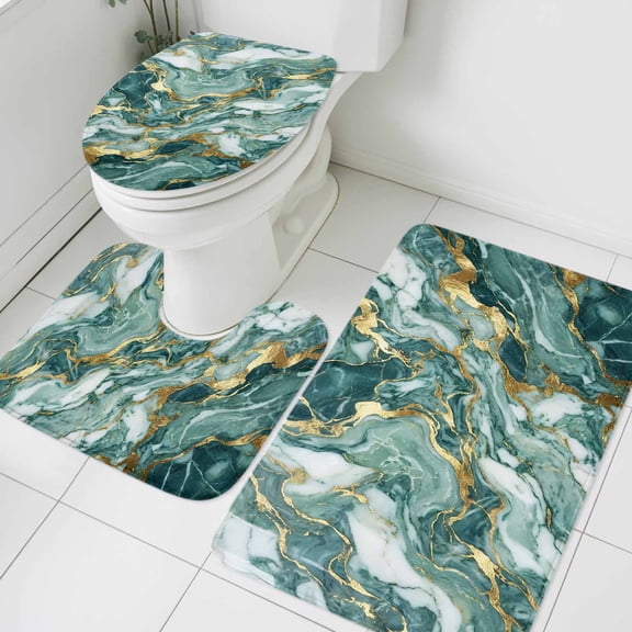 Green Gold Marble Bathroom Rugs Set Luxury Gorgeous Modern Abstract Non Slip Absorbent Soft Bath Mats 3 Piece Set with Bathroom Rug, U-Shaped Floor Mat, Toilet Seat Cover Large Size