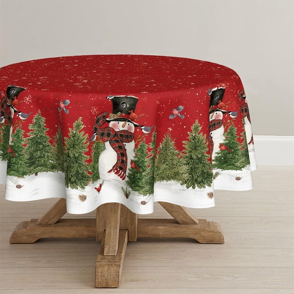 Christmas Tablecloth 60×84 Inch Oval, Winter Snowman Trees Red Washable Table Cover for Party Picnic Dinner Decor