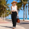 thumbnail image 6 of TaTaai Women All Season Striped Patchwork Wide Leg Pants Cotton Linen Casual Elastic Waist Loose Straight Trousers with Pockets Comfortable Daily Work Wear Gift, 6 of 9