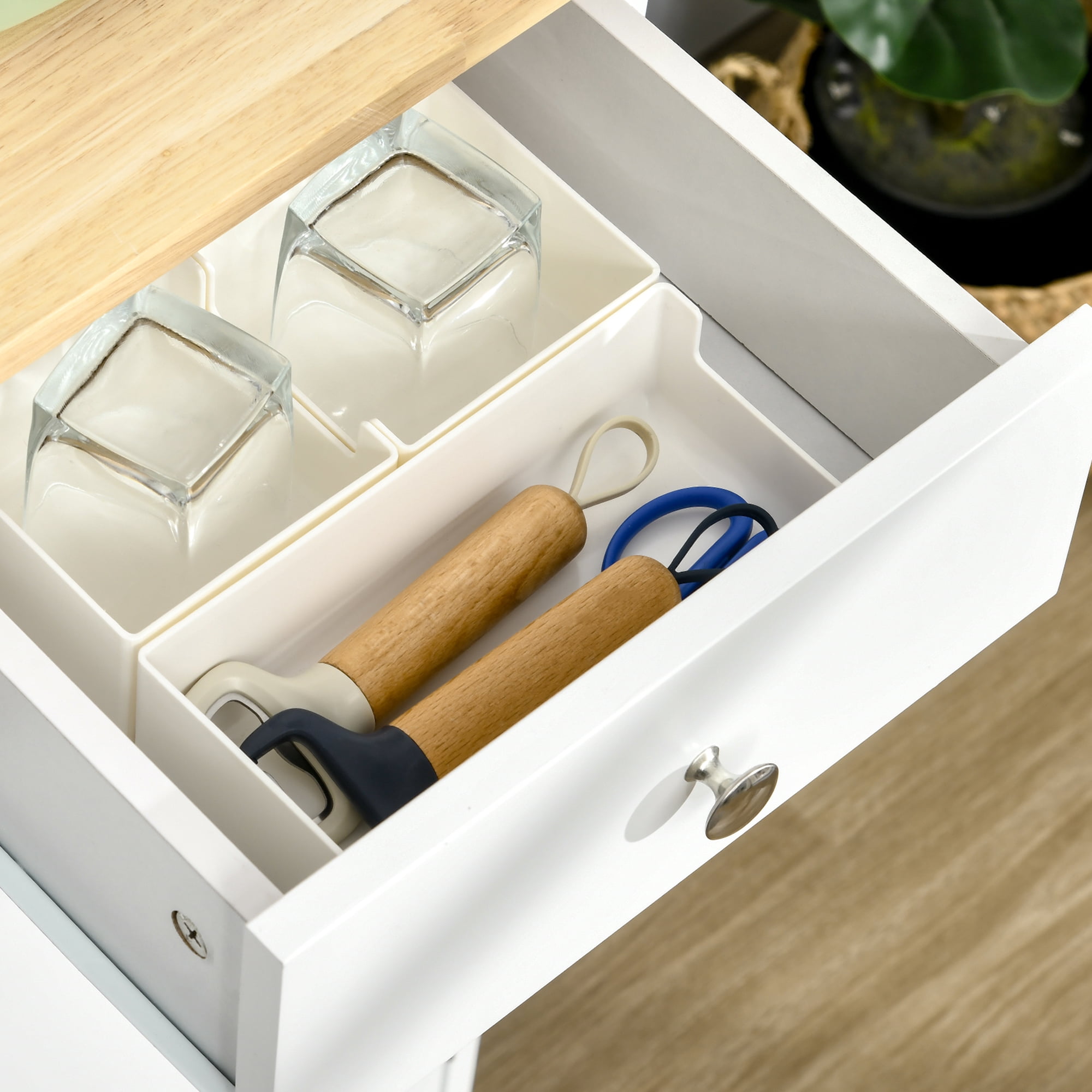 HOQBN Kitchen Storage Cabinet, White Sideboard Floor Cupboard with Solid Wood Top, Adjustable Shelf and 3 Drawers, Multipurpose Buffet Cabinet for Kitchen, Dining Room and Living Room