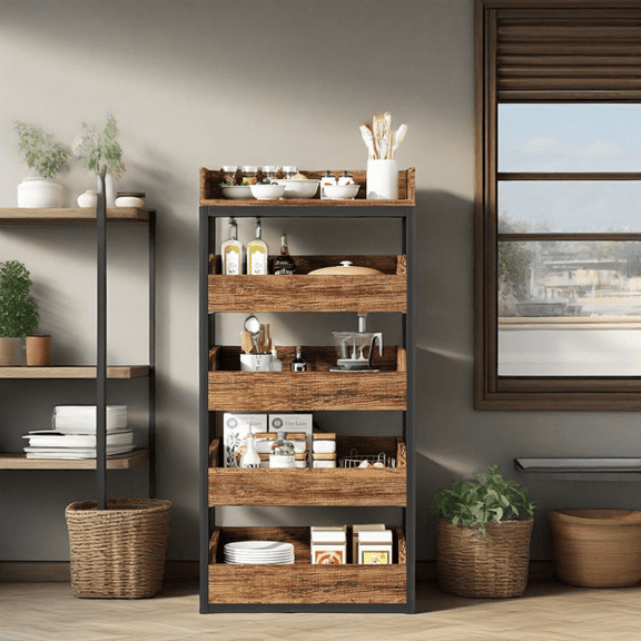 4-Tier Pull-Out Vegetable Storage Rack - 5 Drawers, 120lbs Capacity per Drawer, Heavy-Duty Metal & Particleboard for Kitchen, Retail & Living Room