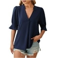 thumbnail image 2 of ClodeEU Women's V-Neck Pleated Woven Chiffon Blouse,Long Sleeve Short Sleeve Top for Spring Summer Blue,Womens Plus XL, 2 of 4