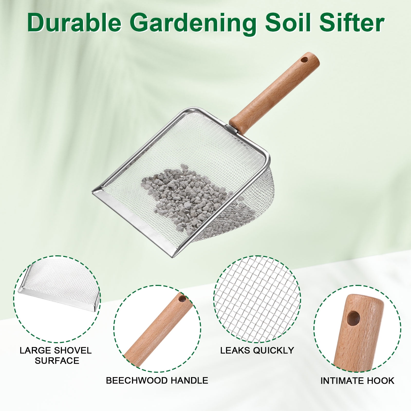 Uxcell1-Pack Gardening Soil Sifter, 2 mm Mesh Stainless Steel Sand Soil Compost Sieve with Beech Handle [Silver Tone]