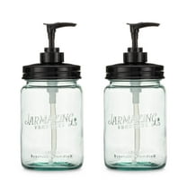 Jarmazing Products Vintage Blue Glass Mason Jar with Plastic Soap and Lotion Dispenser Top - Two-Pack - Black