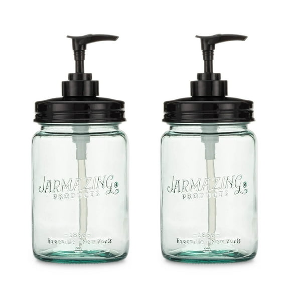 Jarmazing Products Vintage Blue Glass Mason Jar with Plastic Soap and Lotion Dispenser Top - Two-Pack - Black