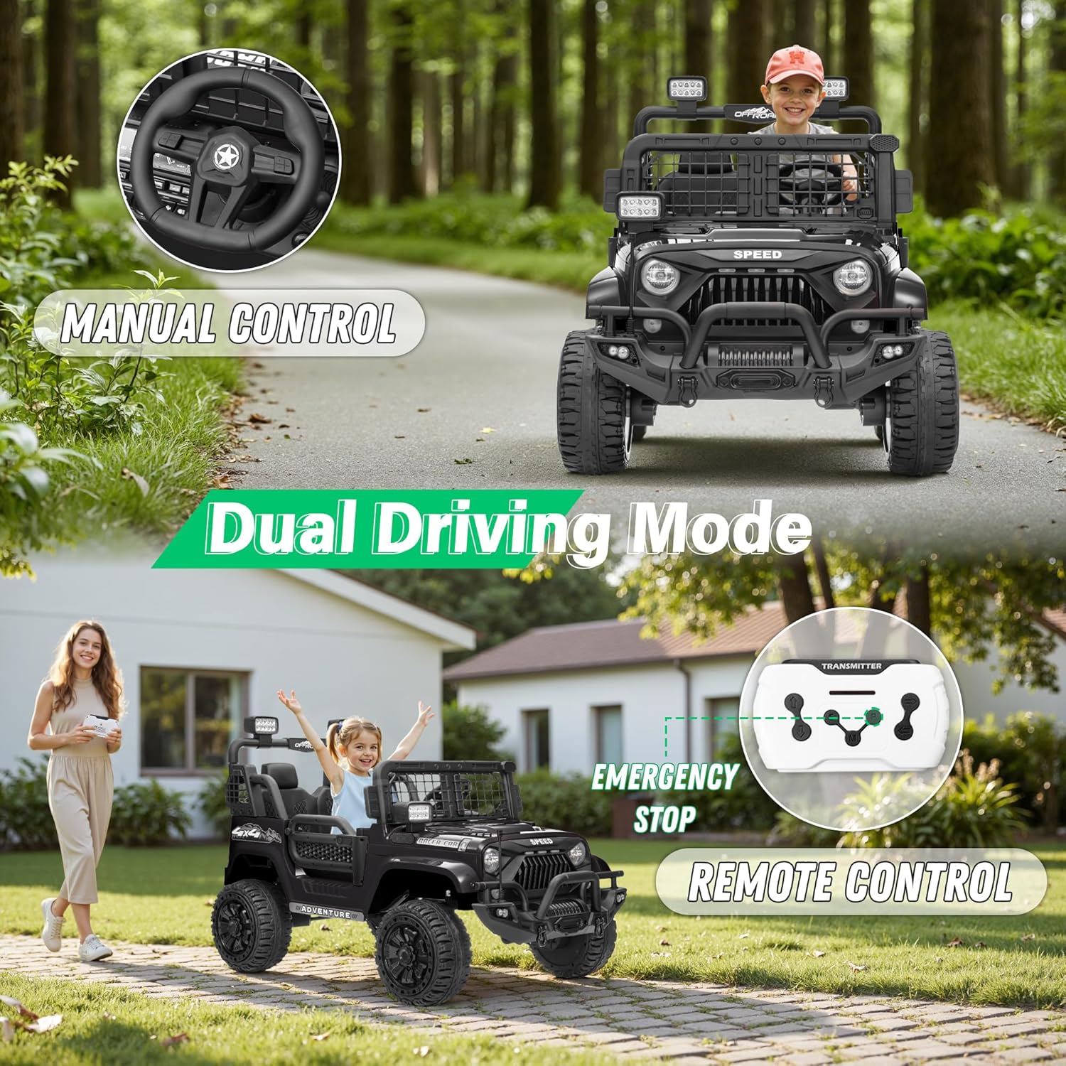 HappyToysWorld Kids Ride On Car 24V with Parent Remote Control, 2-Seater Electric Toy Truck for Big Boys & Girls, 4 Shock Absorbers, 3 Speed Modes, 24 Volt Battery Powered Vehicle