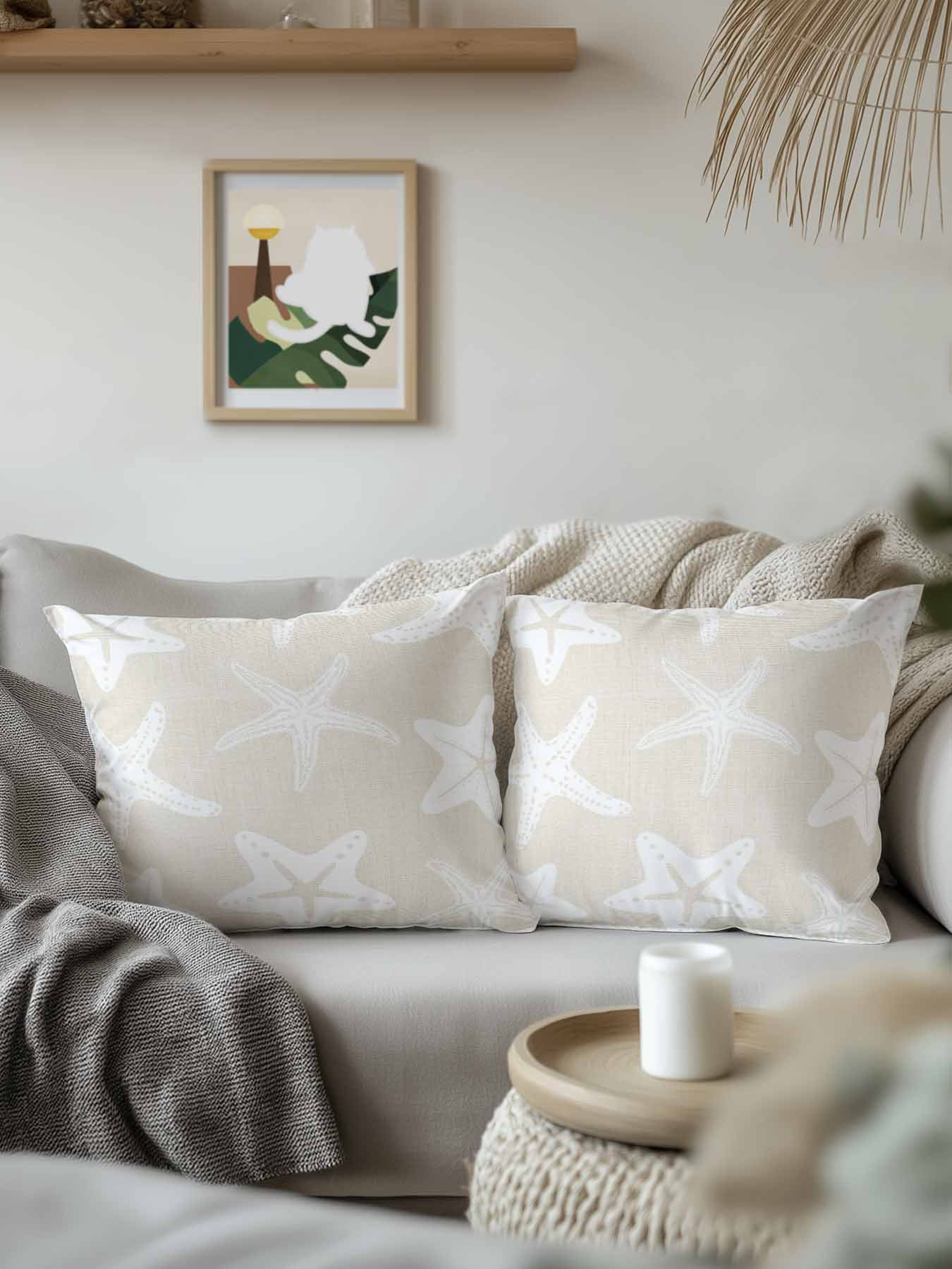 Outdoor Pillows Waterproof, Beige White Starfish Coastal Bedding Throw Pillows with Insert for Couch Sofa Bed, Nautical Summer Ocean Abstract Art 16x16 Inch Pillowcases Patio Pillow Set of 2
